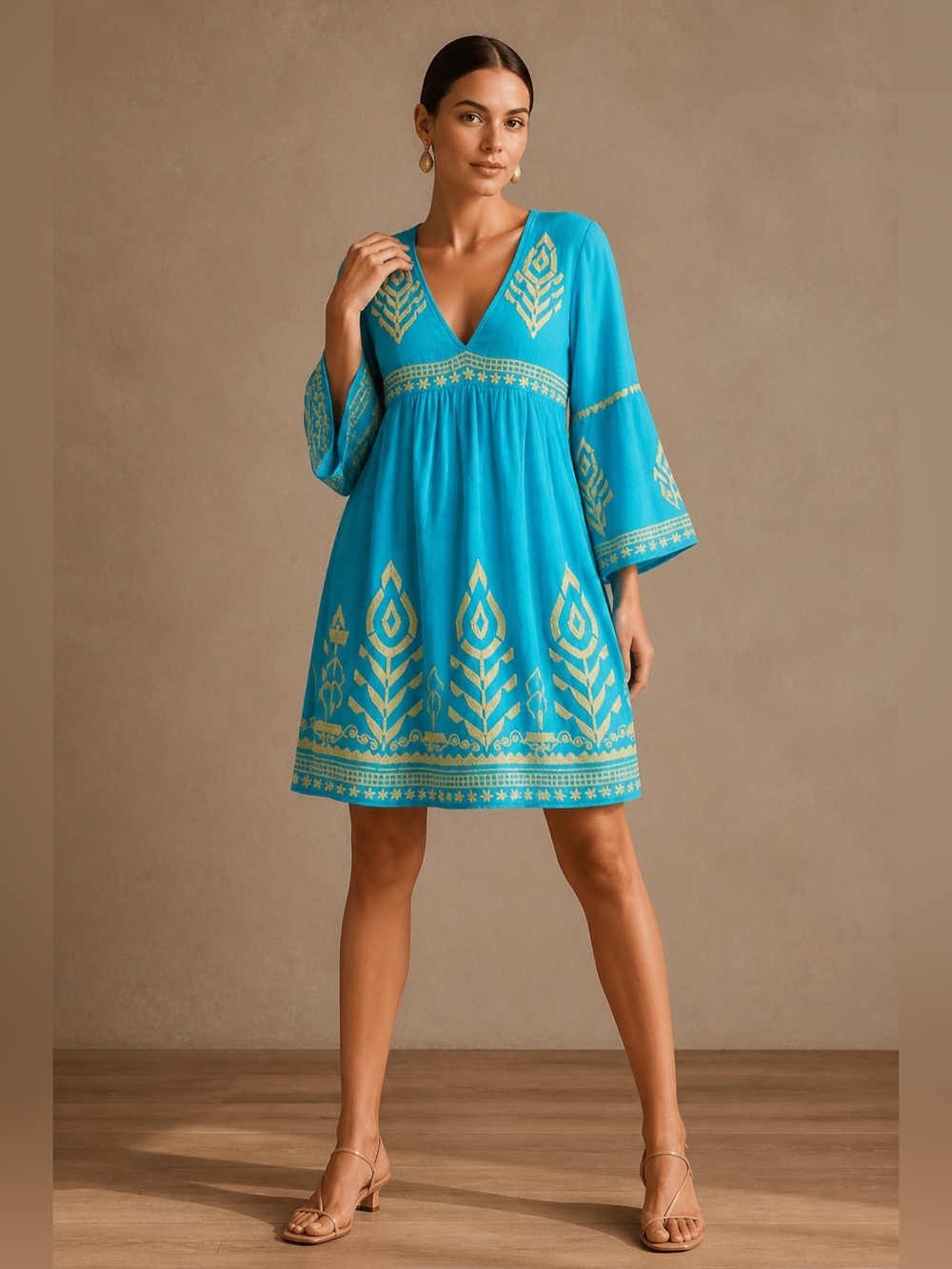Soft Surroundings Teal Embroidered V-Neck Dress Top with Gold Motif